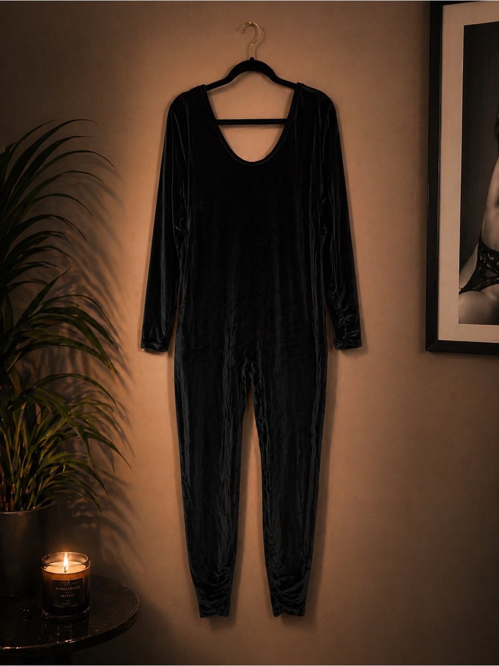 PLUS SIZE Black Velvet Long-Sleeve Jumpsuit Bodysuit